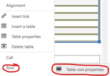 table row properties